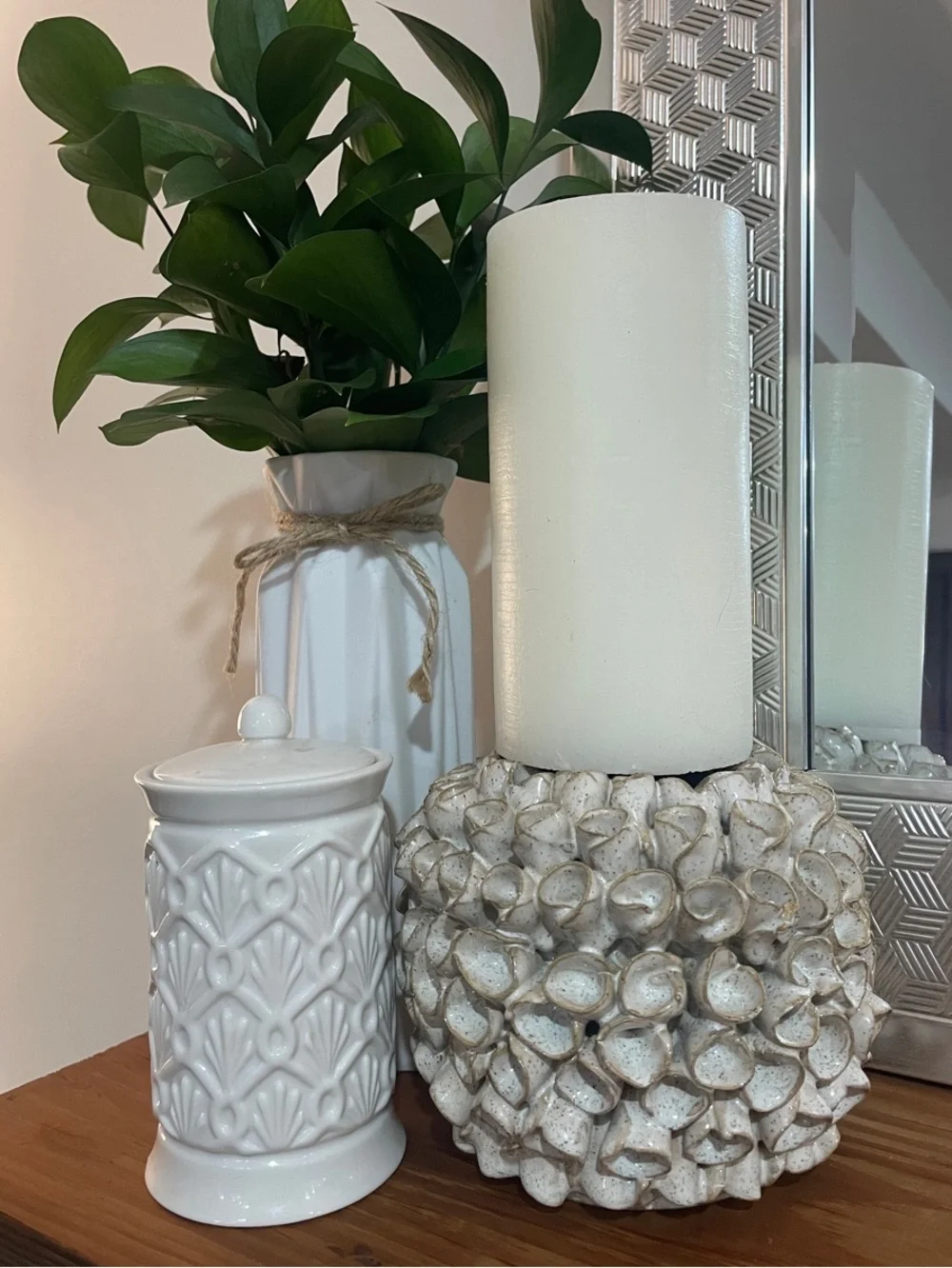 Neutral White Ceramic Accent Jar and Decorative Candle Holder Set
